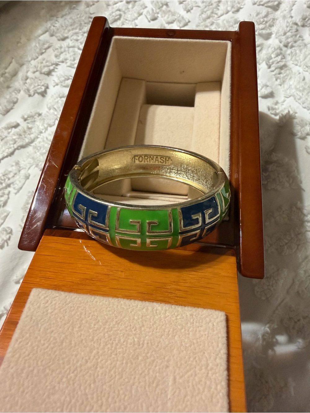 Fornash Grecian Greek Key Enamel Hinged Bangle Bracelet Blue & Green Gold Tone